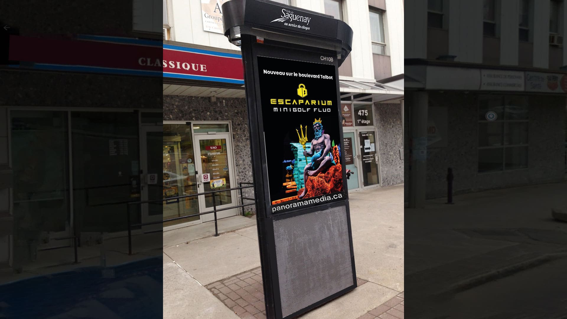 Publicité créée par Panorama Média sur une colonne de rue localisée sur la rue Racine. - Panorama Média